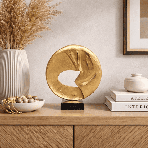 Expobazaar Sculpture | Rustic Circular Flow 15.25" Table | Aluminum Dcor Art Piece on Black Base
