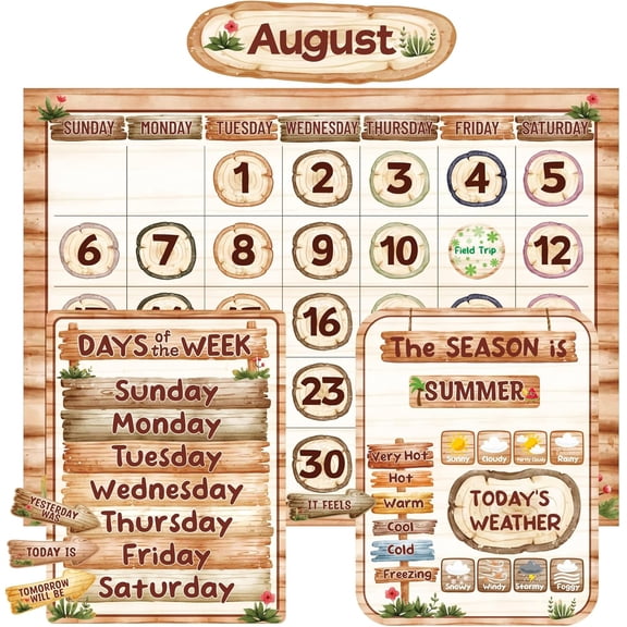 Rustic Classroom Calendar Bulletin Board Set Wood Grain Design Classroom Bulletin Board Decoration 97 Pcs