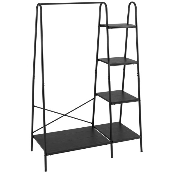 Rustic Clothes Rack, Clothing Rack for Hanging Clothes Heavy Duty Garment Rack with 5 Wood Shelves Freestanding Portable Closet Organizer for Bedroom/Entryway/Boutiques，Matte Black
