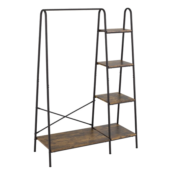 Rustic Clothes Rack, Clothing Rack for Hanging Clothes Heavy Duty Garment Rack with 5 Wood Shelves Freestanding Portable Closet Organizer for Bedroom/Entryway/Boutiques,Matte Black