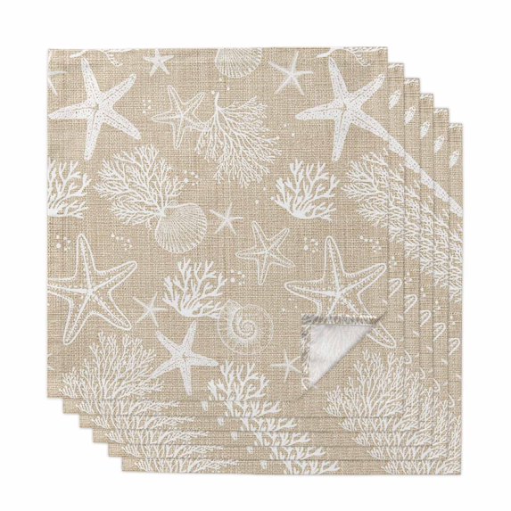 Rustic Coastal Cloth Napkins, Sea Nautical Summer Beach Starfish Coral Washable and Reusable Dinner Napkins Set of 6, Table Napkin for Kitchen Party Birthday Wedding Hotel Housewarming 20"x20"