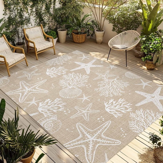 Rustic Coastal Outdoor Rug for Patio/Deck/Porch, Non-Slip Large Area Rug 6 x 9 Ft, Sea Nautical Summer Beach Starfish Coral Indoor Outdoor Rugs Washable Area Rugs, Camping Rug Carpet Runner