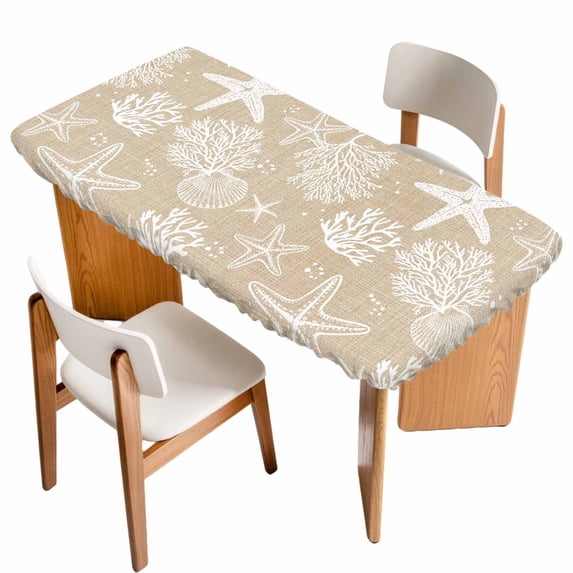 Rustic Coastal Table Cloths for 4 Foot Rectangle Tables, Sea Nautical Summer Beach Starfish Coral Patio Waterproof Elastic Fitted Tablecloths, Washable Rectangular Table Cover for Camping