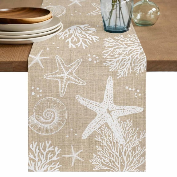 Rustic Coastal Table Runner, Sea Nautical Summer Beach Starfish Coral Washable Cotton Linen Table Runners 70 Inches Long, Dresser Scarf Runner for Dining/Kitchen/Coffee/TV Stands/Cabinets 13''x70''