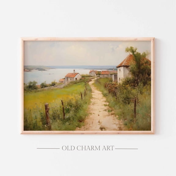 Rustic Coastal Village : Vintage Landscape Art, Stretched Canvas Size 8x12