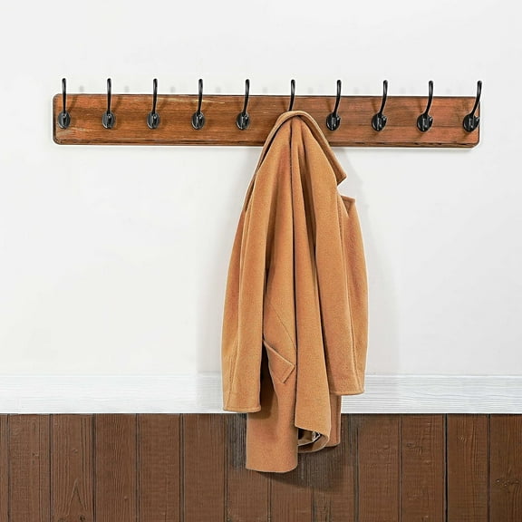 Rustic Coat Rack Wall Mount - 10 Hooks, 38 9/16" Long Wood Coat Hanger for Coats, Jackets, Clothes, Hats, Brown