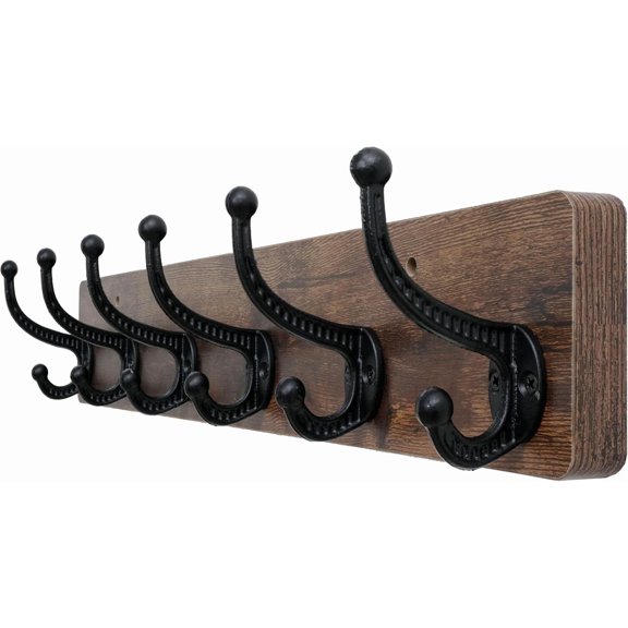 Rustic Coat Rack Wall Mount,24" Long 6 Cast Iron Coat Hooks Wall Mounted,Heavy Duty Wood Wall Coat Hanger Hooks for Hanging Coats,Jacket,Clothes,Backpack,Farmhouse,Rustic Brown