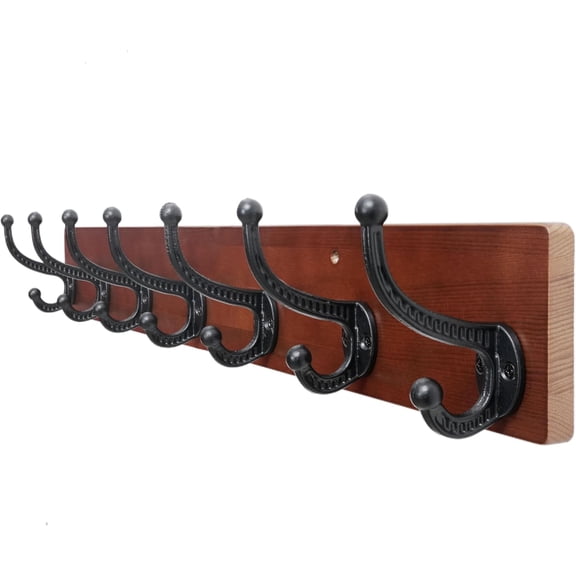 Rustic Coat Rack Wall Mount,30" Long 7 Cast Iron Coat Hooks Wall Mounted,Heavy Duty Wood Wall Coat Hanger Hooks for Hanging Coats,Jacket,Clothes,Backpack,Farmhouse,Cherry