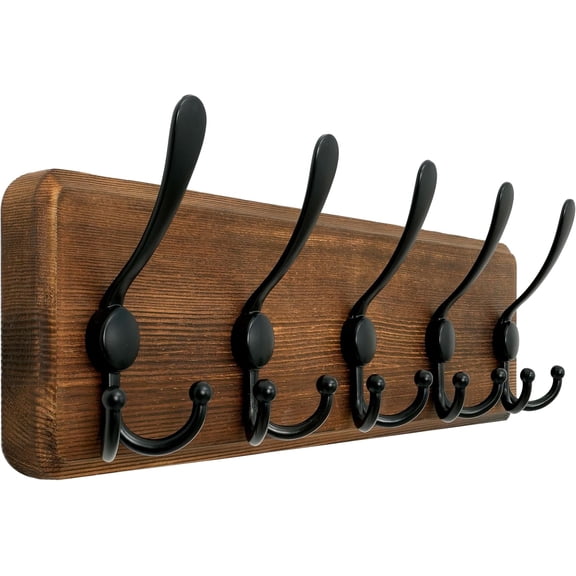Rustic Coat Rack Wall Mount,Solid Wood Coat Hooks Wall Mounted Coat Hanger,16" Hole to Hole,Hook Rack Rail,5 Triple Hooks for Hanging Coats,Jacket,Clothes,Farmhouse,Brown