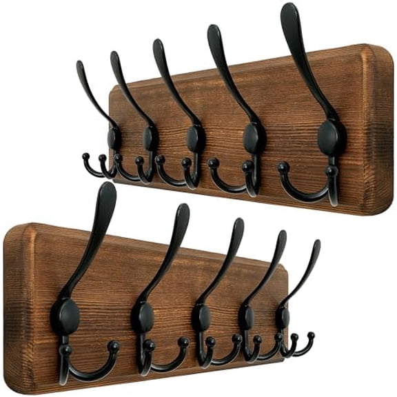 Rustic Coat Rack Wall Mounted,Wood Coat Hanger Wall,5 Coat Hooks,16" Hole to Hole,Hook Rack Rail,5 Triple Hooks for Hanging Jacket,Clothes,Hats,Entryway,Brown,2 Packs