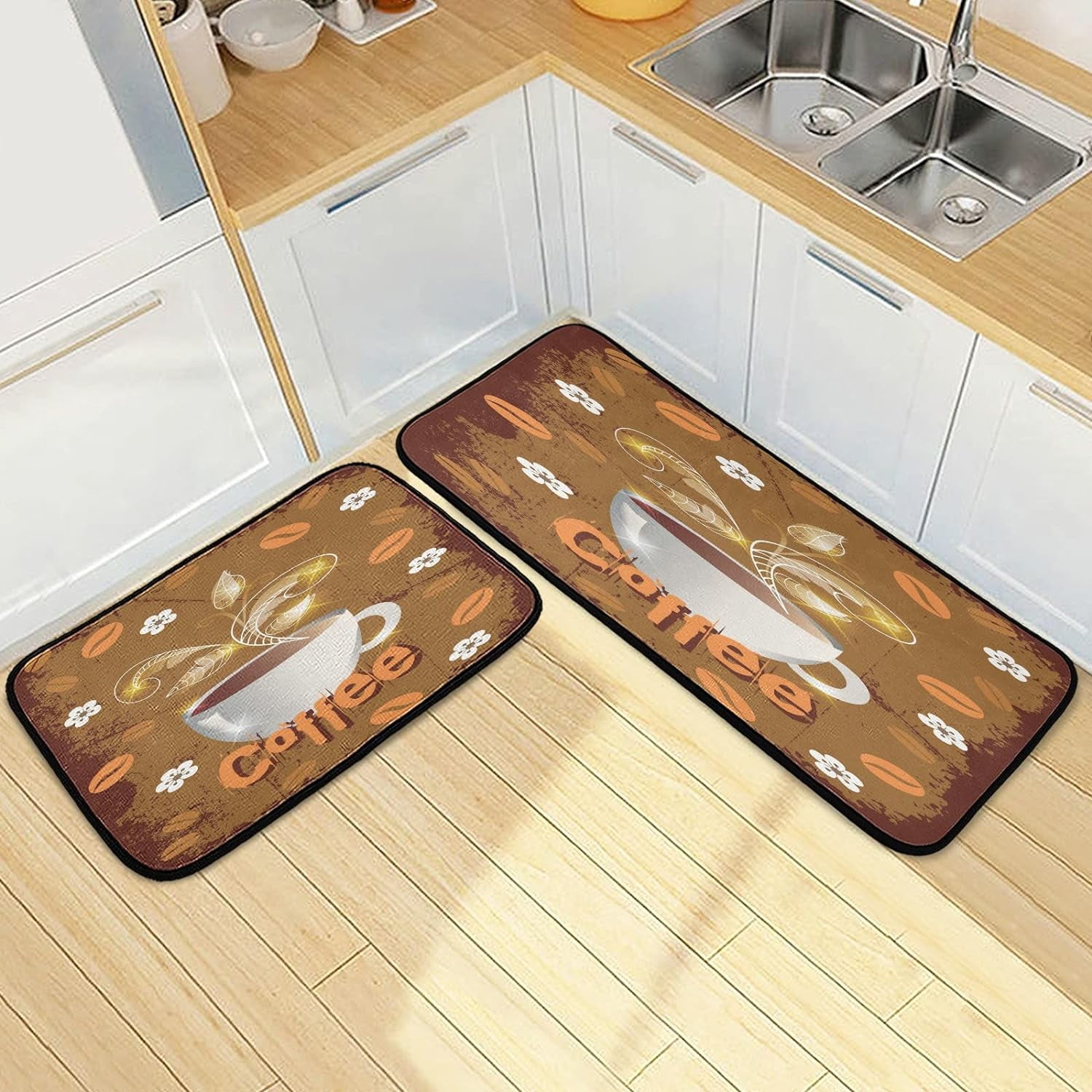 Rustic Coffee Cup Kitchen Rugs Set of 2, Farmhouse Cafe Poster Floor