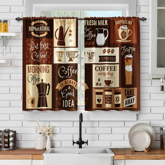 Rustic Coffee Kitchen Curtains: Farmhouse Vintage Latte Cappuccino Short Cafe Curtains Decor for Living Room Tier Curtains for Rod Pocket Window Drapes 36 Inch Length 2 Panels Set