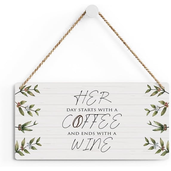 Rustic Coffee Lover Wood Decor Sign, Her Day Starts with a Coffee Printed Wood Sign Wall Art, Hanging Door Sign, Decorative Wood Sign Home Kitchen Decor 10x5 Inch