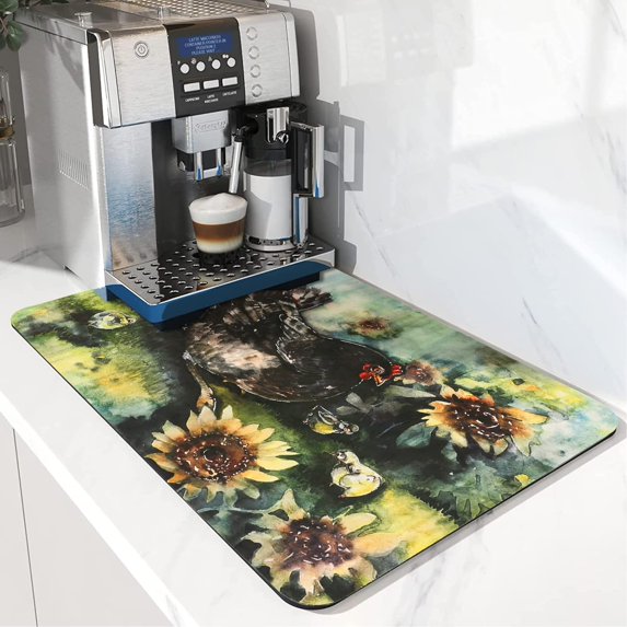 Rustic Coffee Mat Rubber Dish Drying Mat For Kitchen Counter Farmhouse Decor Style Sunflower Rooster Coffee Maker Drying Pad Christmas Coffee Bar Accessories Thanksgiving Drying Mat 18" X 24"