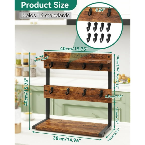 Rustic Coffee Mug Holder Stand, 2 Tier Countertop Mug Tree with Storage Base, Holds 8 Mugs