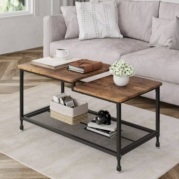 Rustic Coffee Table, Cocktail Table with Mesh Shelf Rectangle Storage, Farmhouse Dining Table with Metal Frame, Easy to Assemble