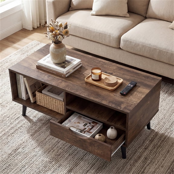 Rustic Coffee Table Drawer Open Shelves Engineered Wood Center Table Living Room Walnut Splayed Legs Storage Compartment Cocktail Accent Modern Farmhouse Urban Chic Lounge Office Bedroom Sturdy Build