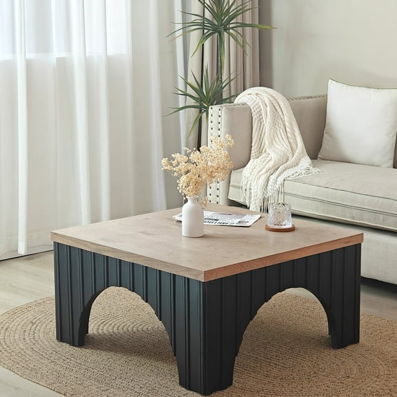 Rustic Coffee Table With Black Base - Spacious For Drinks In Living Area Modern Solid Wood Arch Design Legs Ideal Spaces