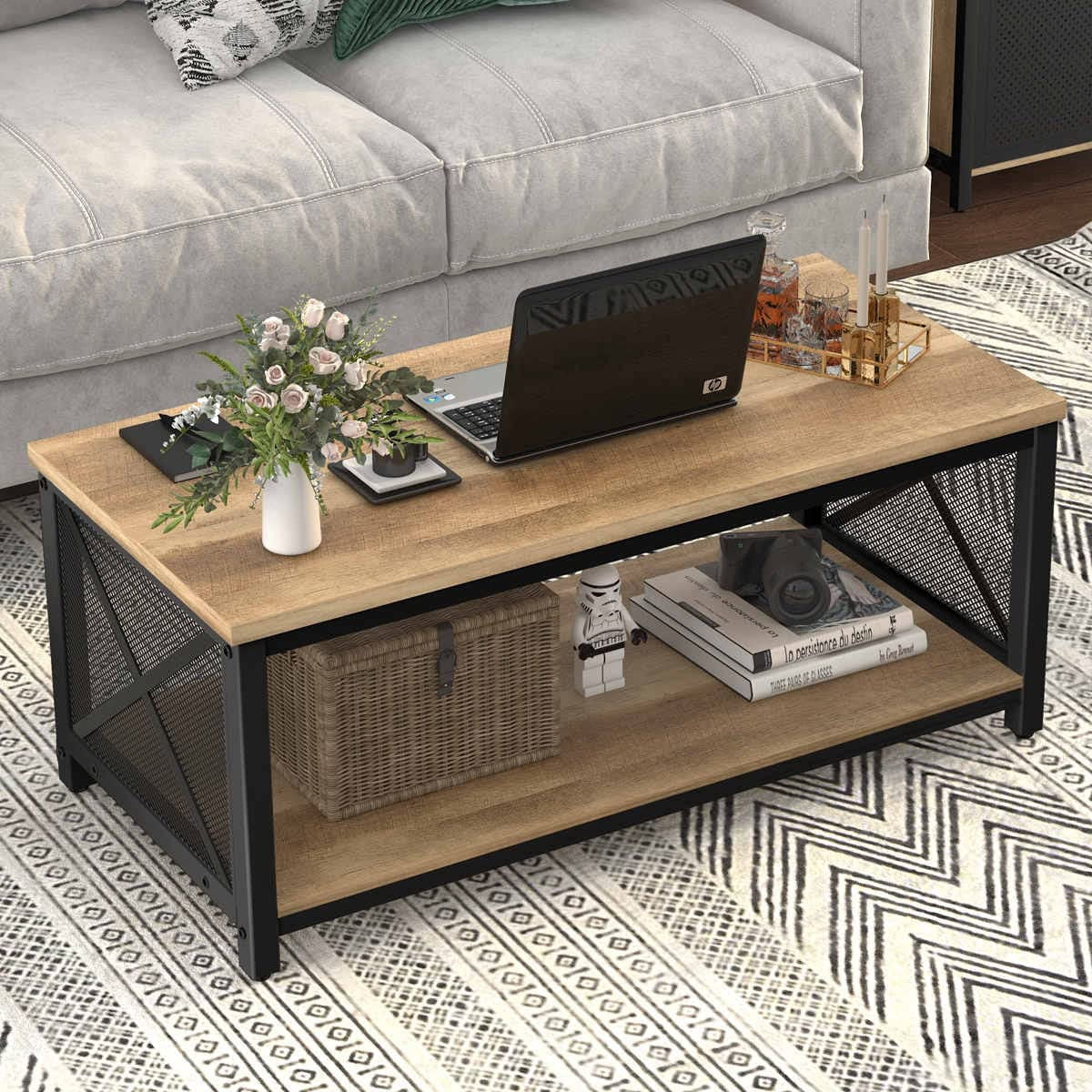 Rustic Coffee Table for Living Room Farmhouse Dark Wood Center Table Industrial Rectangle ...