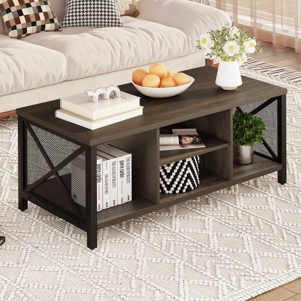 Coffee Table for Living Room, Farmhouse Dark Wood Center