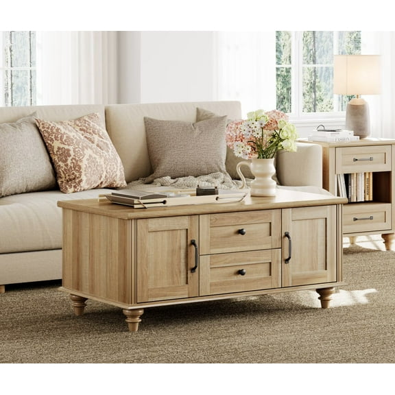 Rustic Coffee Table with Drawer, Wooden Center Table with Hidden Storage Compartment for Living Room, Office, Oak