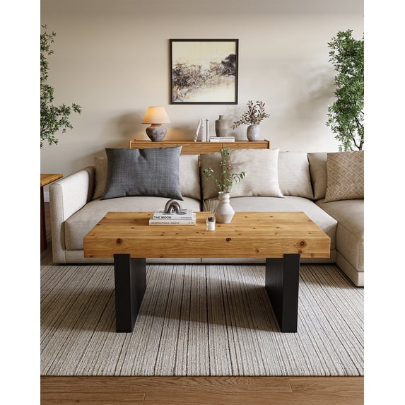 Rustic Coffee Table with Solid Fir Wood Top and Sturdy Black Base
