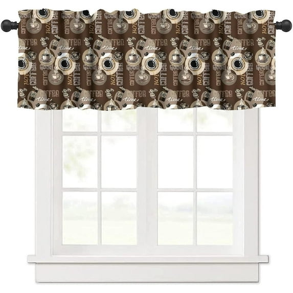 Rustic Coffee Valance Curtains Farmhouse Vintage Abstract Coffee Cup Cafe Bean Brown Rod Pocket Curtain Valance for Kitchen Bedroom Living Room Decor 1 Panel W54xL18 Inch