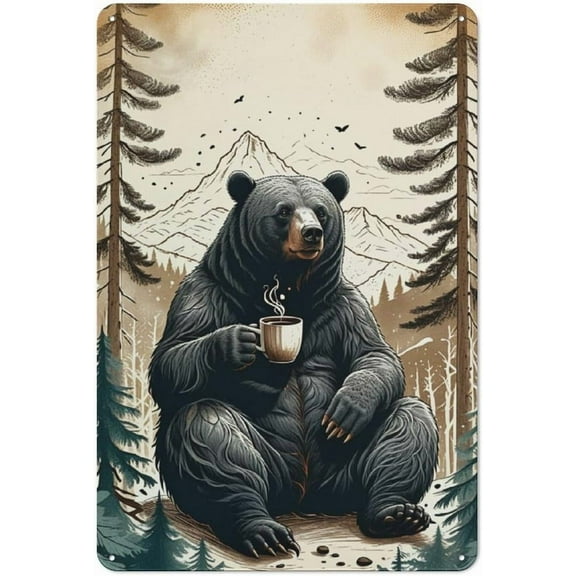 Rustic Coffee And Wilderness Bear Metal Tin Signs for Cabin Wall Decor,Vintage Wall Art Featuring Bears,Mountains,and Forests for A Cozy Lodge Atmosphere,Cafe,Coffee Bar Pub Decor 8x12 inch