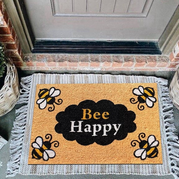 Rustic Coir Doormat Farmhouse Bee Happy Non- Entryway Rug Stain-Resistant Wild Animal Theme Positive Welcome Mat for Front Door, Patio, Bathroom & Farmhouse Decor Use