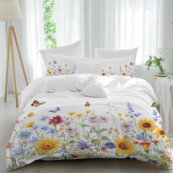 Rustic Colorful 4 Piece Duvet Cover Set Queen Size Floral Wildflowers Butterfly Farm Botanical Soft Bedding Set Comforter Cover, 1 Duvet Cover 1 Flat Sheets and 2 Pillowcases