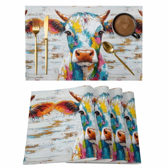 Rustic Colorful Cow Placemats Set of 12 Modern Oil Abstract Painting Animals Place Mats Indoor Wipeable Table Mats Washable Dining Table Placemats for Kitchen Holiday Party Home Decor 13x19 Inch