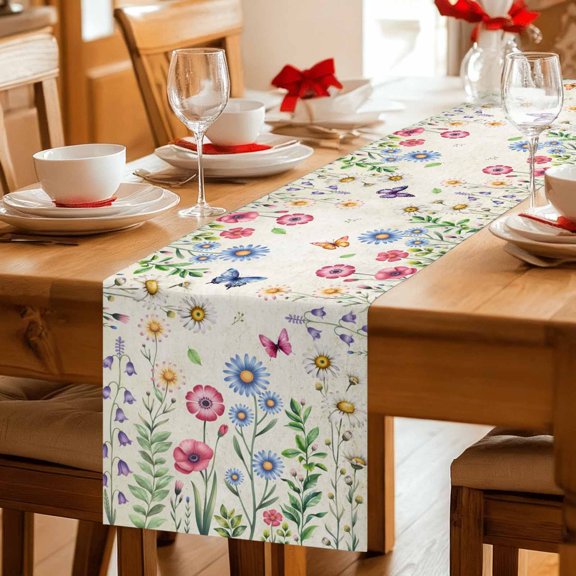Rustic Colorful Flower Butterfly Table Runner 36 Inches Long,Kitchen Dining Tablerunners Retro Pastoral Botanical Linen Table Runners Dresser Scarves for Home Dinner Wedding Holiday Party Decor