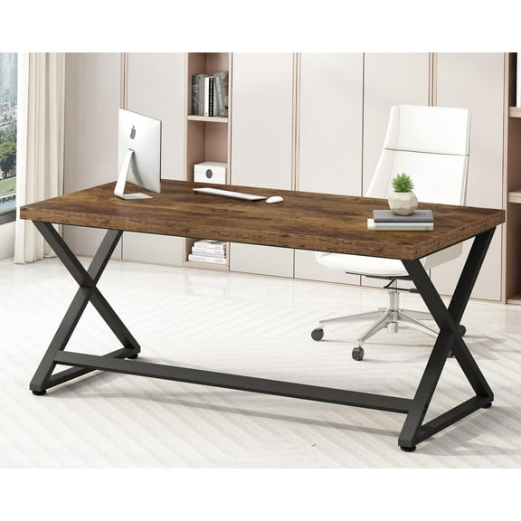 Rustic Computer Desk, Farmhouse 60 inch Home Office Desk, Industrial Wood Metal Work Desk for Writing Study, Vintage Minimalist Executive Workstation PC Gaming Table in Bedroom, Rustic Brown