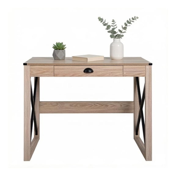 Rustic Computer Desk with Drawer, 44 inch Home Office Writing Desk with X-Frame, Farmhouse Desk for Workstation, Natural Wood & Black