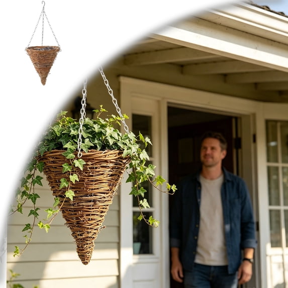 Rustic Cone Shape Hanging Flower Basket, Rattan Wall Hanging Planter Pot with Hanging Chain, for Outdoor Home Garden Wall Decor