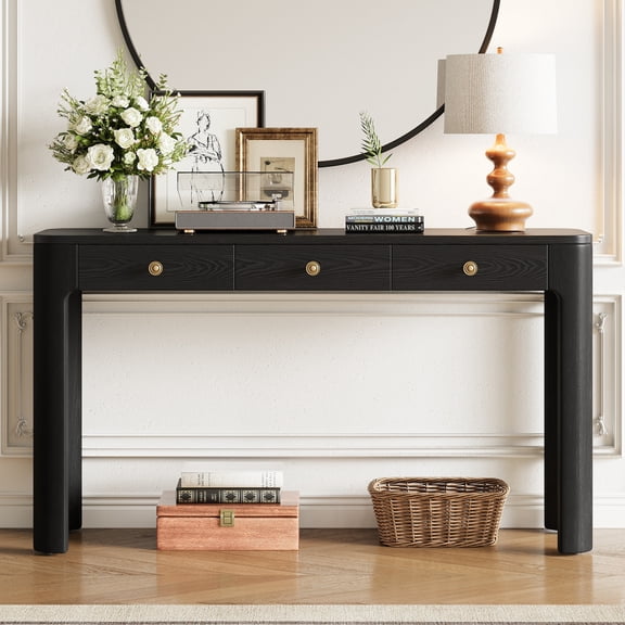 Rustic Console Table with Curved Corners, 3 Concealed Drawers, Solid Wood Legs, Entryway Sofa Table for Hallway & Living Room, Black