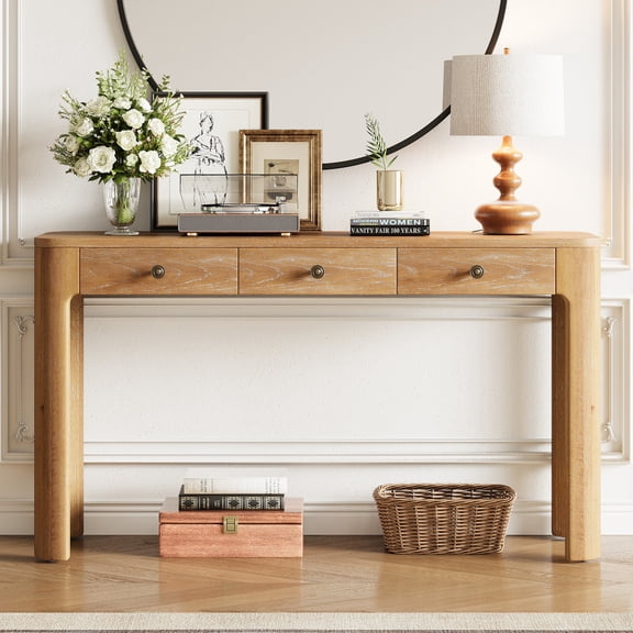 Rustic Console Table with Curved Corners, 3 Concealed Drawers, Solid Wood Legs, Entryway Sofa Table for Hallway & Living Room, Black