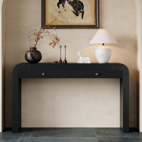 Rustic Console Table with Fluted Drawer Front, Entryway Table with Curved Corners & Thick Legs, Sturdy Sofa Table for Hallway & Living Room (Black)