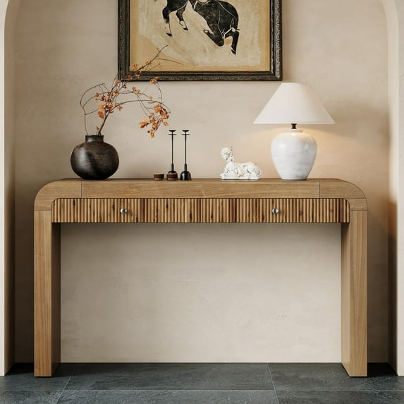 Rustic Console Table with Fluted Drawer Front, Entryway Table with Curved Corners & Thick Legs, Sturdy Sofa Table for Hallway & Living Room (Natural)