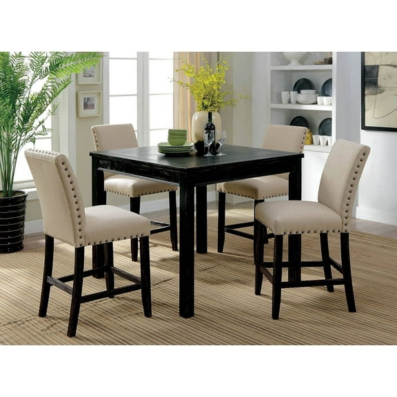 Rustic Contemporary Counter Height Dining 5pc Set Square Table w 4x Chairs Nailhead trim Linen Like Fabric Chair