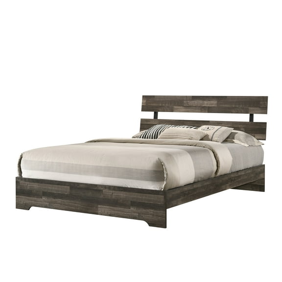 Rustic Contemporary Queen Platform Bed Frame - Brown Finish, Solid Wood & Veneers, No Box Spring Needed, Bed in a Box for Bedroom Furniture