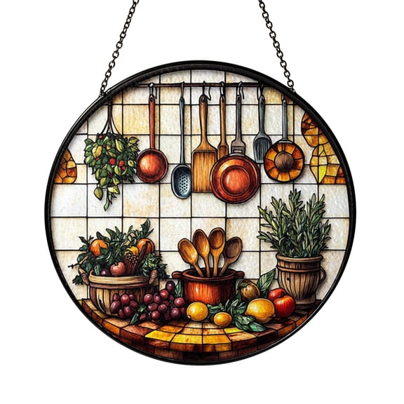 Rustic Cooking Utensils Stained Glass Suncatcher Window Hanging, Farmhouse Kitchen Herb Shelf Round Glass Art Panel, Cozy Culinary Window Decor, Decorative Hanging Ornament for Kitchen Wall