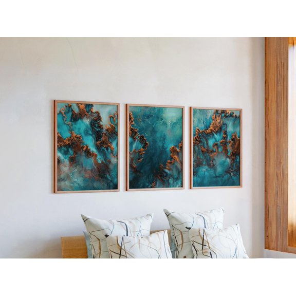 Rustic Copper Patina Triptych New Turquoise Gallery Set For Decorative Wall Art Poster, Set 3, Poster Only