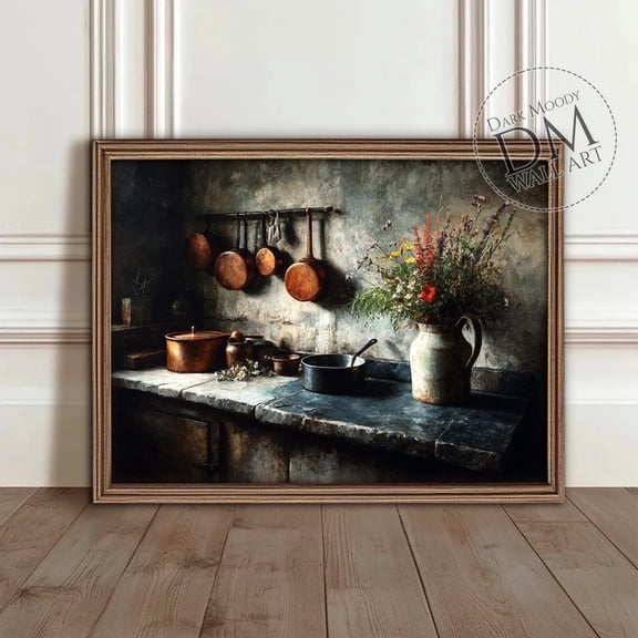 Rustic Copper With Wildflowers Wall Art Print, Dark Moody, Vintage Farmhouse Still Life, Kitchen And Gallery Wall Decor