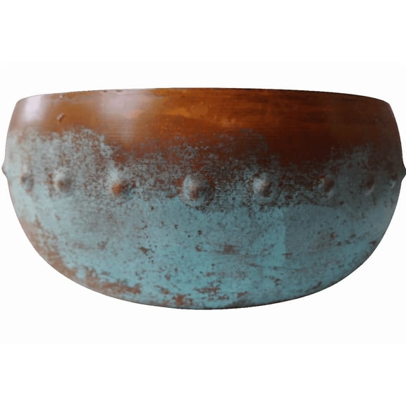 Rustic Copper and Aqua Patina Planter Pot or Home Decor with Raised Dots, 10" wide by 4.25" High