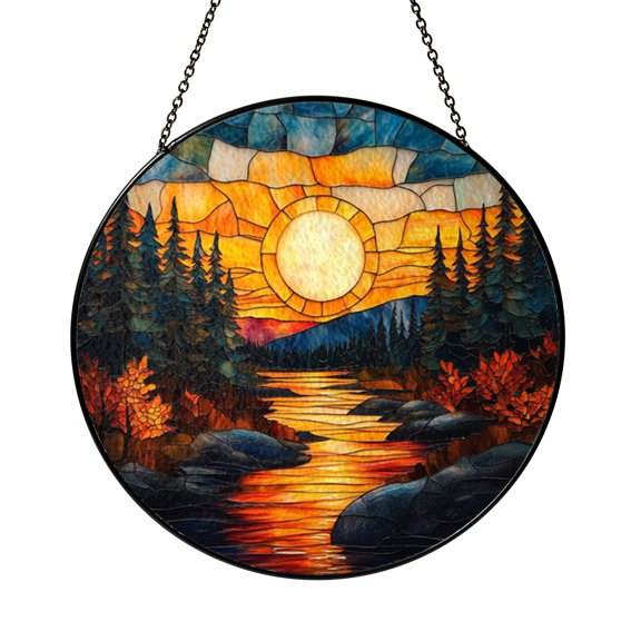 Rustic Cottage Autumn Scene Stained Glass Window Panel, Nature Inspired Decor for Country Style Interiors
