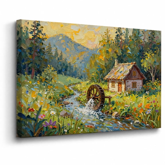 Rustic Cottage Canvas Wall Art Framed Decor Water Wheel Mill House Landscape canvas print for bathroom bedroom or living room