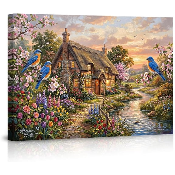 Rustic Cottage Canvas Wall Art Nature Landscape Poster Bluebirds and Colorful Flower Garden Wall Decor Scenic Countryside Artwork for Living Room Bedroom Home