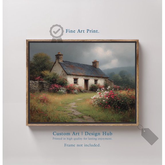 Rustic Cottage Garden Wall Art Print, Vintage Countryside Landscape