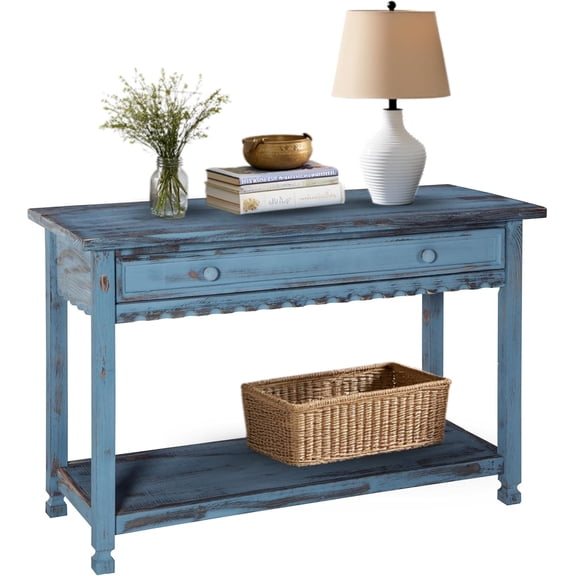 Rustic Cottage Media Console Table, Antique Blue with 1 Drawer and 1 Shelf, Hardwood Construction